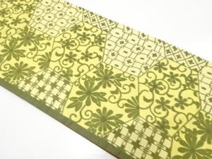 手織り紬　亀甲に花唐草模様織り出し　全通袋帯